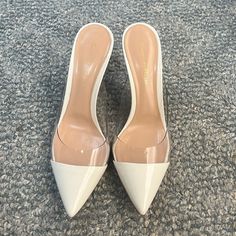 Bought Online On The Real Real For $150 But Are Too Small For Me. These Shoes Come Small. I Think It Would Fit A Size 7 Or 8 Not A 9 Us. No Returns Chic Clear Heels, White Sculpted Heel Cocktail Heels, Formal Clear Heels With Contrasting Heel Counter, Elegant Clear Heels With Branded Heel Counter, Party Heels With Contrasting Heel Counter In Cream, Chic Clear Closed Toe Heels, Chic Clear Closed-toe Heels, Designer Clear High Heels, Formal Clear Heels With Branded Heel Counter