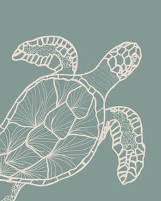 a drawing of a sea turtle with leaves on it's back, in white ink