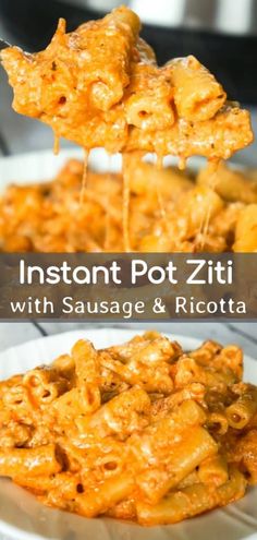 instant pot ziti with sausage and ricotta on a fork over a white plate