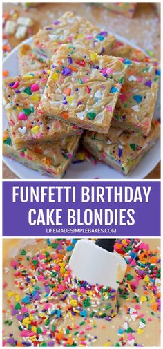 funfetti birthday cake blondies with sprinkles and white frosting