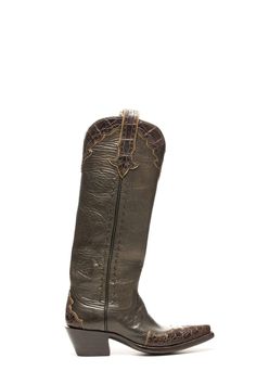 A contemporary, elegantly high, feminine pair of cowboy boots that make your legs look long and slender. Worn with skinny jeans or a party dress depending on the occasion, they're sure to turn heads.,This olive green " Majestic' model is an eye-catcher, 15.5 inches high, composed of the softest goatskin, buck- stitched along the side seams, and with an added layer of scalloped Nile crocodile skin tanned in South Africa on the wingtip, heel counter, and collar.The skin is unusual; a goatskin tann Western Style Formal Heeled Boots With Snip Toe, Western Style Snip Toe Heeled Boots For Formal Occasions, Western Snip Toe Heeled Boots For Formal Wear, Western Snip Toe Heeled Boots For Formal Occasions, Classic Fitted Heeled Boots For Rodeo, Fitted Knee-high Boots For Ranch, Western Style Fitted Brown Heeled Boots, Formal Fitted Western Heeled Boots, Formal Western Style Knee-high Heeled Boots