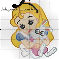 a cross stitch pattern with a girl holding a cat