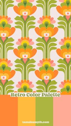 the color scheme for an art deco wallpaper with orange, green and pink flowers