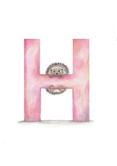 the letter h is painted with watercolors and has a hedgehog on it