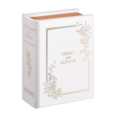 a white box with gold lettering on the front and side, that says today and always