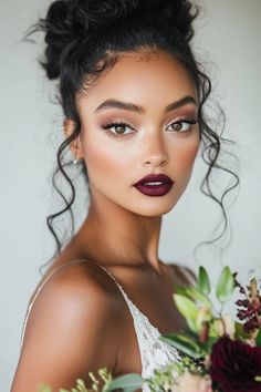 15 Stunning Fall Wedding Makeup Ideas For Brides Bridesmaid Makeup Dramatic, Red Lip Bridesmaid Makeup, Makeup Ideas On Dark Skin, Fall Soft Glam Makeup, Wedding Makeup Dark Lips, Asian Wedding Makeup Brides, Simple Fall Wedding Makeup, Editorial Bridal Makeup, Fall Wedding Makeup For Bridesmaids