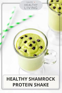 healthy shamrock protein shake with chocolate chips in it and text overlay that says healthy shamrock protein shake