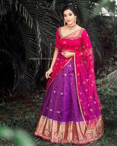 Traditional Half Saree Designs, Pattu Lehenga, Half Saree Function, Lehenga Blouse Designs