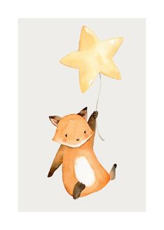 a watercolor painting of a fox holding a star balloon