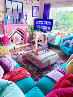 a living room filled with lots of colorful furniture