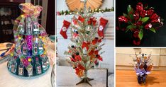 there are many different types of christmas decorations on this table and in the pictures, one is a bottle tree