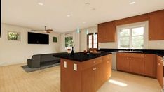 a large kitchen with wooden cabinets and black counter tops, along with hardwood flooring