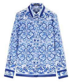 Dolce & Gabbana Blue Cotton Printed Button-Front Shirt Tile Print Fashion, Embroidered Cotton Top, Panel Fabric, Dolce And Gabbana Blue, Blue Long Sleeve Tops, Blue Long Sleeve Shirt, Embellished Blouse