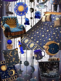 a collage of clocks, stars and other things on display in front of a window