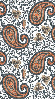 an orange and black paisley pattern on white fabric