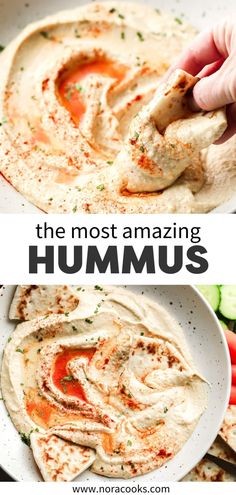 hummus being dipped into a white bowl with the words, the most amazing hummus