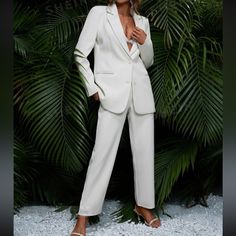 Brand New Never Been Worn / Solid White Cream Blazer & Pants / Women’s Pantsuit With Pockets / Size 8/10 Blazer Pants Women, Pioneer Dress, Tuxedo Jumpsuit, Black Strapless Jumpsuit, White Pants Women, Black Tie Formal, Cream Trousers, Ankle Dress Pants, Work Flow