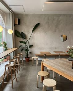 an empty restaurant with tables and stools in front of a large potted plant