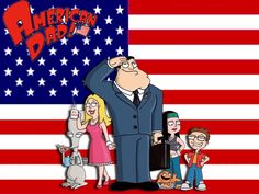 an american dad with his family in front of the american flag, which has been drawn on