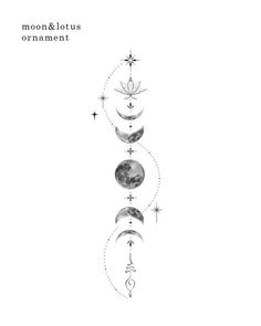 the moon, stars and crescents are drawn in black ink on a white background