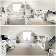 three pictures of a room with desks, chairs and shelves on the walls in different angles