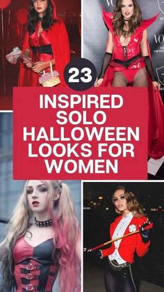 women dressed in costumes for halloween with text overlay that reads 23 inspired solo halloween looks for women