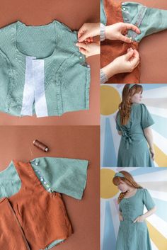 four pictures showing how to sew a dress with buttons on the front and back