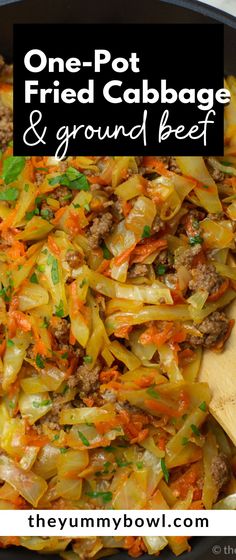 ground beef and cabbage skillet is shown in a pan