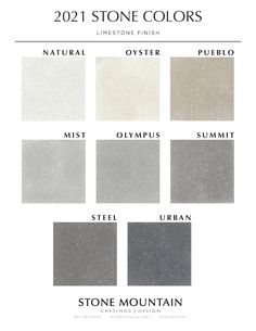 the color chart for stone colors, including grays and whitest greys with white lettering