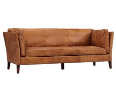 a brown leather couch sitting on top of a wooden frame