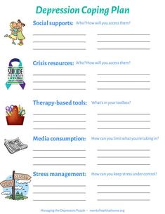 Depression coping plan: social supports, crisis resources, therapy-based tools, stress management Self Esteem Building Activities, Coping Skills Activities, Self Esteem Worksheets, Counseling Worksheets, Clinical Social Work, Mental Health Counseling, Social Emotional Skills, Therapy Worksheets