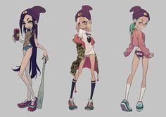 three cartoon characters with different outfits and hair