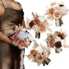 the bridesmaids are holding their bouquets in brown and white colors, including roses