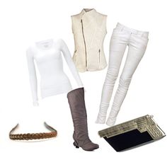 an assortment of white clothing and accessories including boots, bracelets, belt, purse