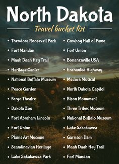 the north dakota travel bucket list is shown in black and white, with an image of a