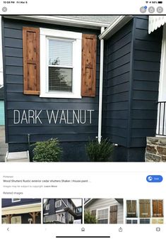 the homepage for dark walnut is displayed in front of a blue house with shutters