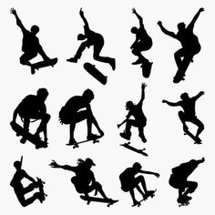 silhouettes of skateboarders doing tricks and riding their boards in different positions on a white background