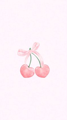 two cherries tied together with a pink ribbon and bow on top of each other