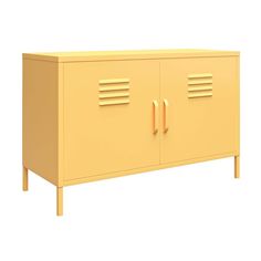 a yellow cabinet with two doors and three drawers