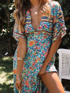 Floral Printed Plunging Short Sleeves Maxi Dress sold by Just 4 Fashion on Storenvy Vestidos Boho, Bo Ho, Kimono Maxi Dress, Bohemian Lifestyle, Ankle Length Dress, Short Sleeve Maxi Dresses, Boho Accessories, Festival Jewelry, Over 50 Womens Fashion