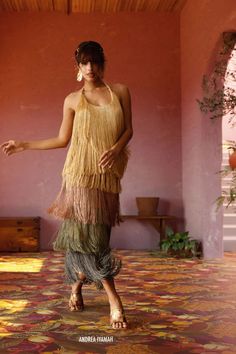 ANDREA IYAMAH Neme Fringe Dress CURIO FAENA MIAMI Fringe Midi Dress, Layered Fringe, Andrea Iyamah, Red Carpet Ready, The Dancer, Low Neckline, Fringe Dress, 20's Dress, Dress Cover