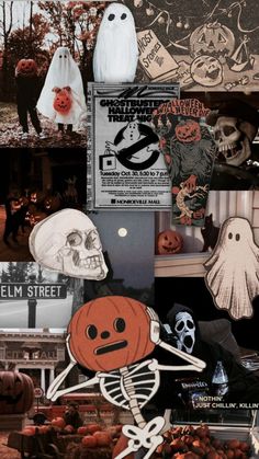 halloween collage with pumpkins, ghost and other things in the background on display