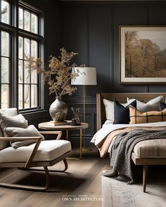 a bed room with a neatly made bed next to a chair and a table in front of a window