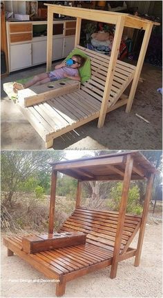 a wooden bench with a child laying on it and another photo of the same bench