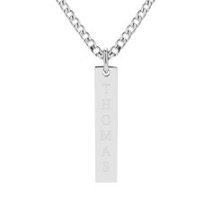 A vertical men's engraved name pendant. This silver necklace is a great minimalist gift for him. Rectangular pendant comes on a simple steel chain. Everyday Rectangular Necklace With Engraving Option, Classic Personalized Rectangular Pendant Necklace, Engraved Stainless Steel Rectangular Jewelry, Minimalist Rectangular Necklace With Engraving Option, Minimalist Rectangular Pendant Necklace With Engraving Option, Classic Silver Necklace With Engraved Text, Classic Silver Necklaces With Engraved Text, Engraved White Gold Necklace With Rectangular Pendant, Rectangular Sterling Silver Necklace With Engraved Text