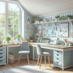 an artist's rendering of a home office with blue walls and wooden flooring