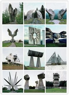 many different sculptures are shown in this collage