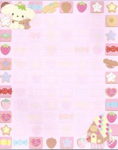 a pink paper with teddy bears and other items on the border, in front of a white