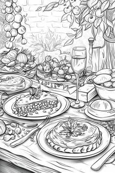 a drawing of a table full of food and wine glasses on it, with fruit in the background