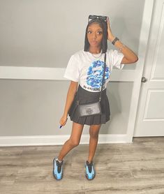 15 Birthday Outfit Ideas Summer, Sneaker Birthday Outfit, Birthday Outfits With Skirts, Skirt Outfit With Tights, Baddie Outfits With Skirts, 13 Birthday Outfit Ideas, Birthday Fits For School, 15 Birthday Outfit Ideas, Blue Skirt Outfits